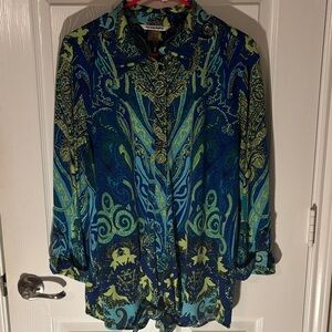 Peter Nygard Blue and Green Patterned Shirt XL